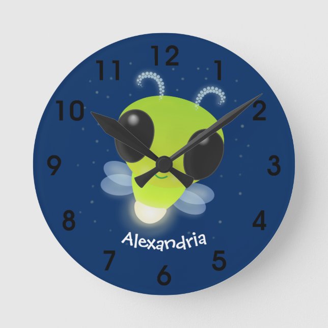 Cute green glow bug firefly cartoon illustration round clock (Front)