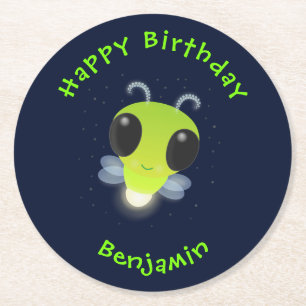 Cute green glow bug firefly cartoon illustration round paper coaster