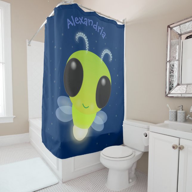 Cute green glow bug firefly cartoon illustration shower curtain (In Situ)