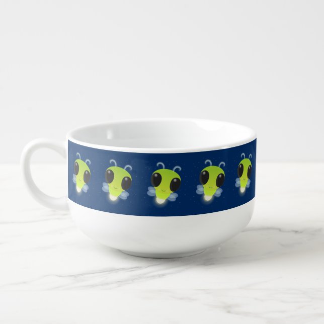Cute green glow bug firefly cartoon illustration soup mug (Right)