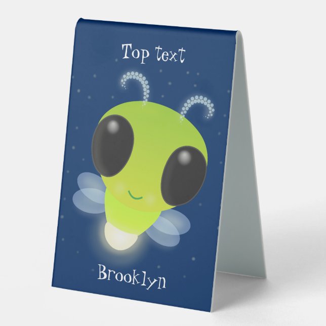 Cute green glow bug firefly cartoon illustration table tent (Front)