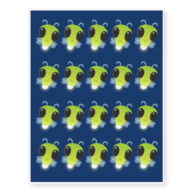 Cute green glow bug firefly cartoon illustration temporary tattoos (Front)