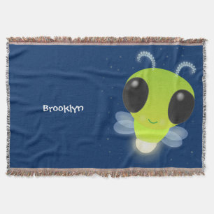 Cute green glow bug firefly cartoon illustration throw blanket