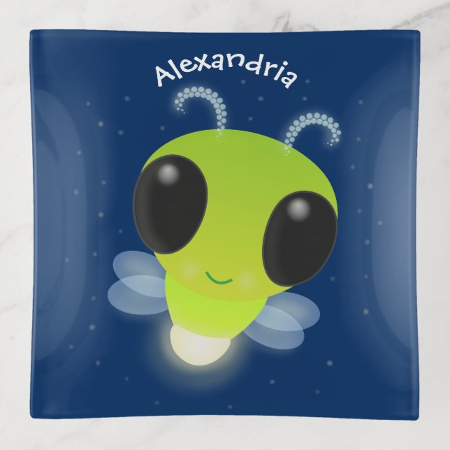 Cute green glow bug firefly cartoon illustration trinket tray (Front)