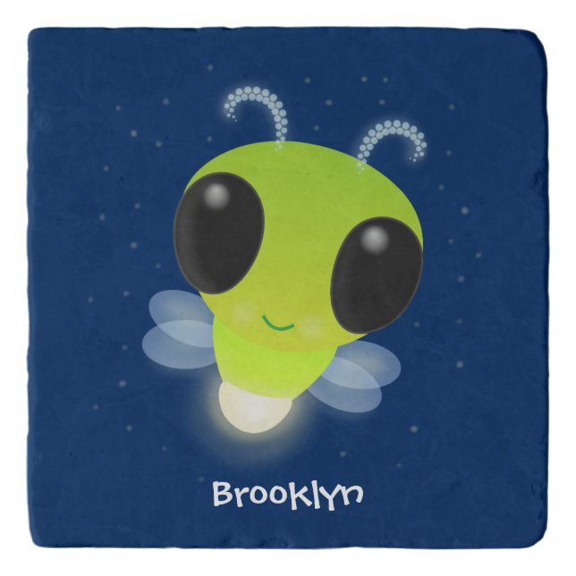 Cute green glow bug firefly cartoon illustration trivet (Front)