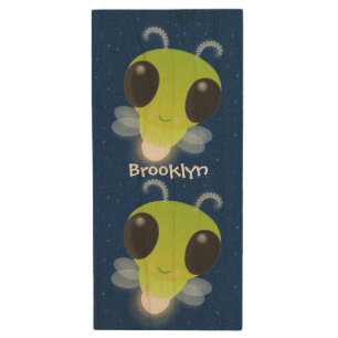Cute green glow bug firefly cartoon illustration wood flash drive