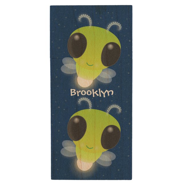 Cute green glow bug firefly cartoon illustration wood flash drive (Front Vertical)