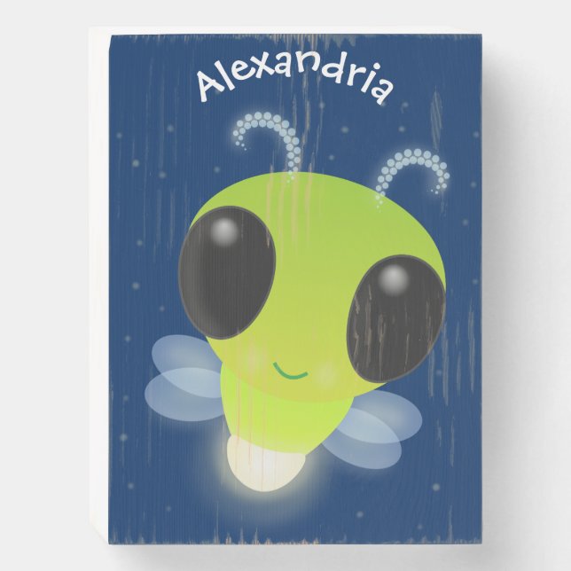 Cute green glow bug firefly cartoon illustration wooden box sign (Front Vertical)