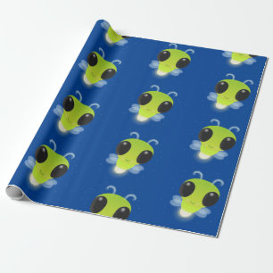 Cute green glow bug firefly cartoon illustration wrapping paper