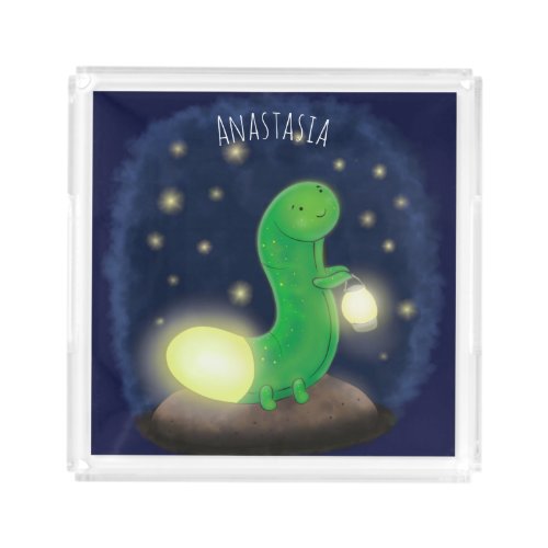 Cute green glow worm cartoon illustration acrylic tray