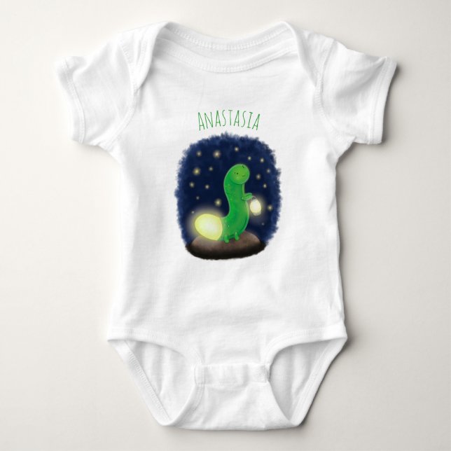 Cute green glow worm cartoon illustration baby bodysuit (Front)