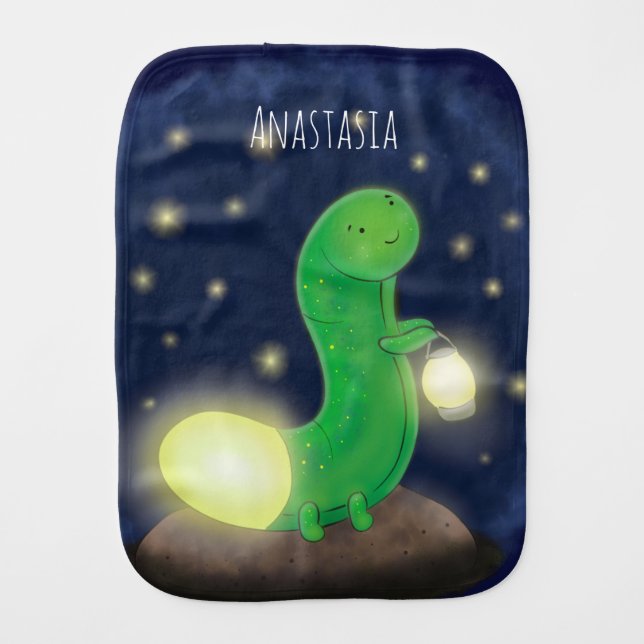Cute green glow worm cartoon illustration baby burp cloth (Front)