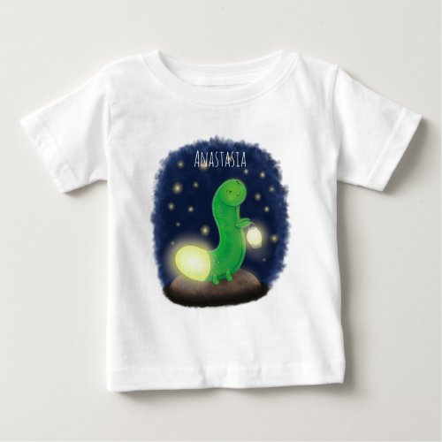 Cute green glow worm cartoon illustration baby T_Shirt