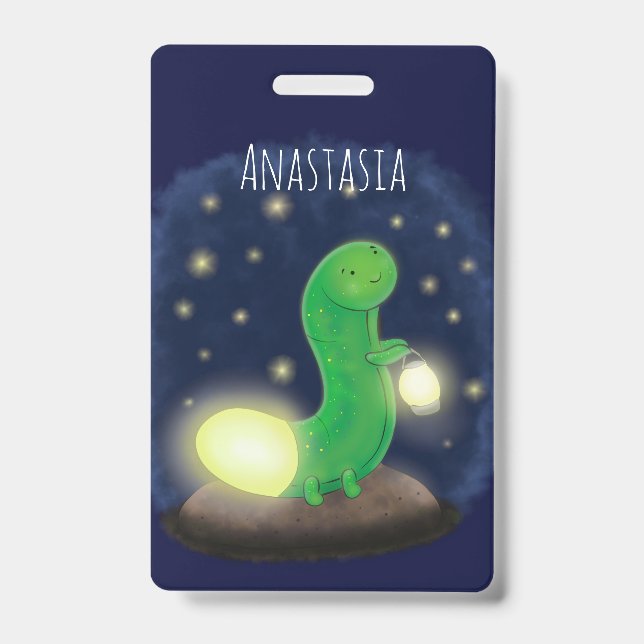 Cute green glow worm cartoon illustration badge (Front)