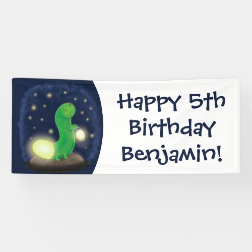 Cute green glow worm cartoon illustration banner