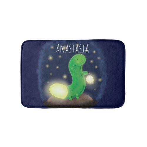 Cute green glow worm cartoon illustration bath mat