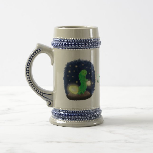 Cute green glow worm cartoon illustration beer stein (Left)