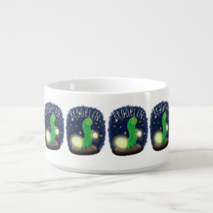 Cute green glow worm cartoon illustration bowl