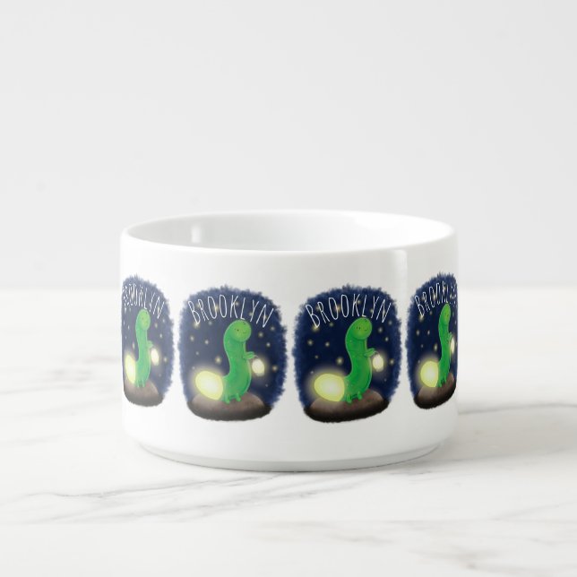 Cute green glow worm cartoon illustration bowl (Center)