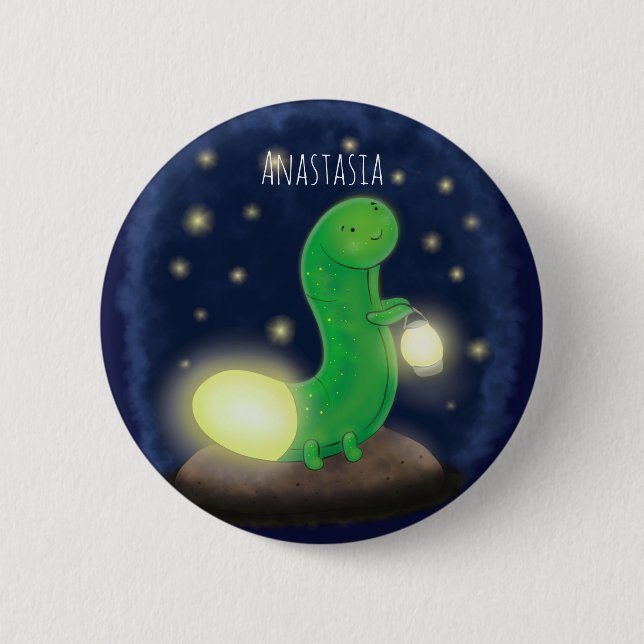 Cute green glow worm cartoon illustration button (Front)