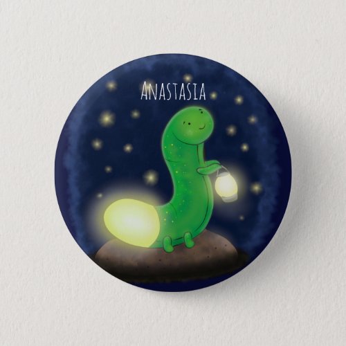 Cute green glow worm cartoon illustration button