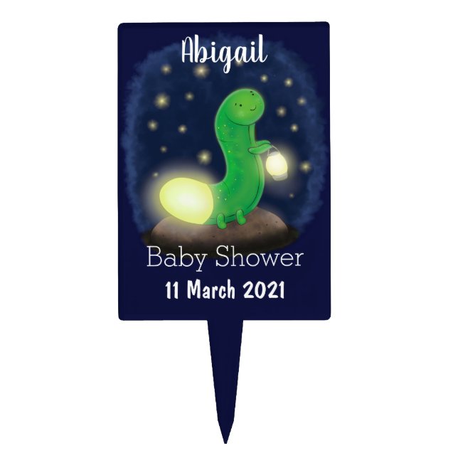Cute green glow worm cartoon illustration cake topper (Front)