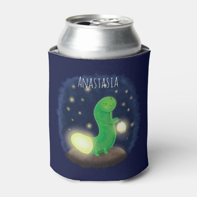Cute green glow worm cartoon illustration can cooler (Can Front)