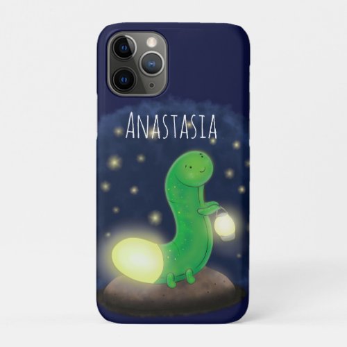 Cute green glow worm cartoon illustration iPhone 11 pro case