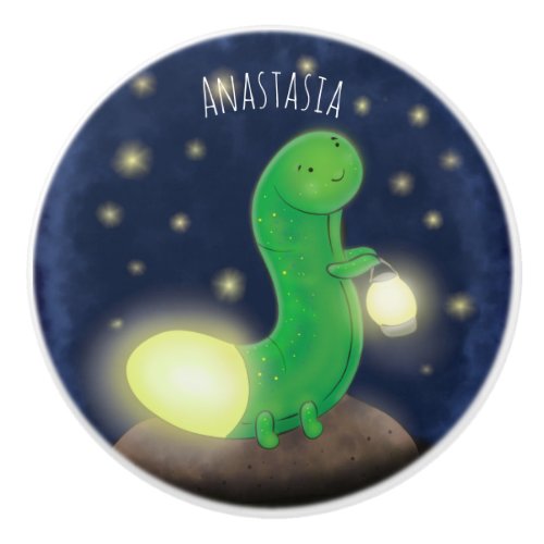 Cute green glow worm cartoon illustration ceramic knob