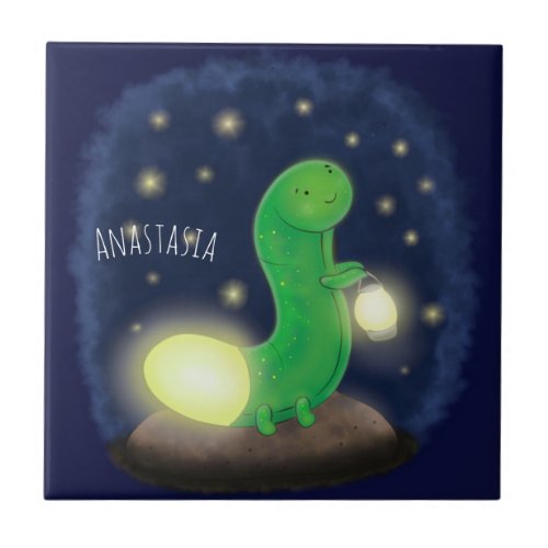 Cute green glow worm cartoon illustration ceramic tile