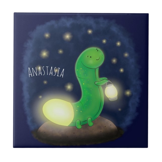Cute green glow worm cartoon illustration ceramic tile (Front)