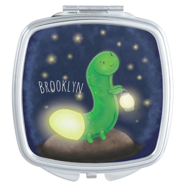 Cute green glow worm cartoon illustration compact mirror (Front)