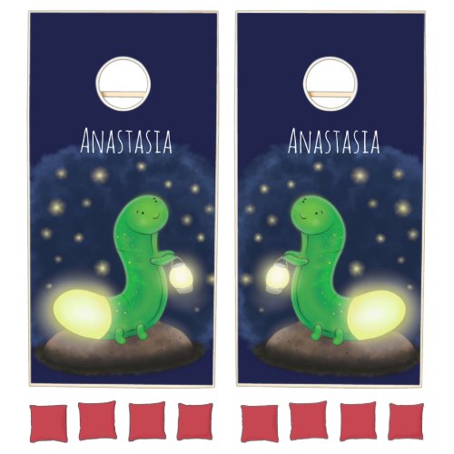 Cute green glow worm cartoon illustration cornhole set