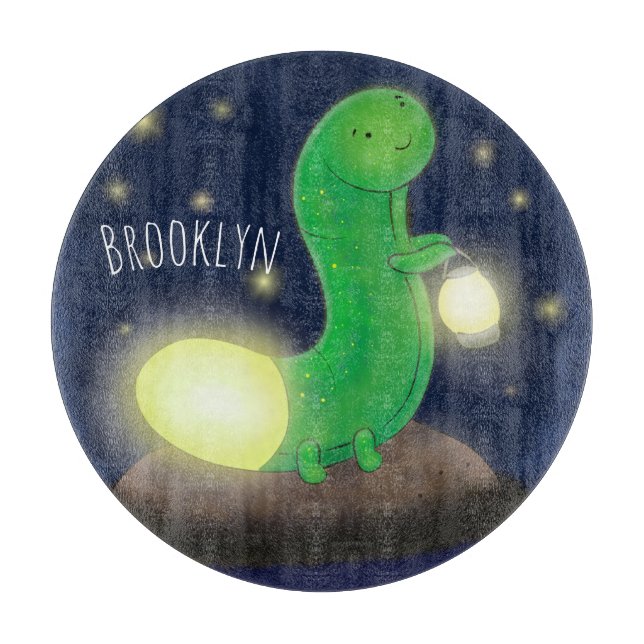 Cute green glow worm cartoon illustration cutting board (Front)