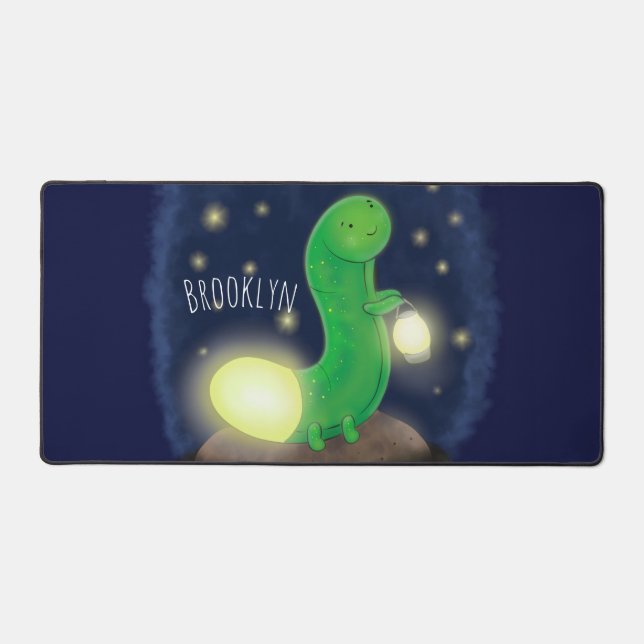 Cute green glow worm cartoon illustration desk mat (Front)