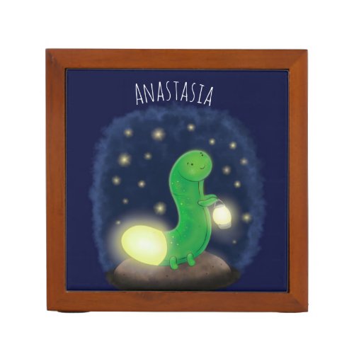 Cute green glow worm cartoon illustration desk organizer