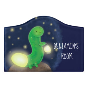 Cute green glow worm cartoon illustration door sign