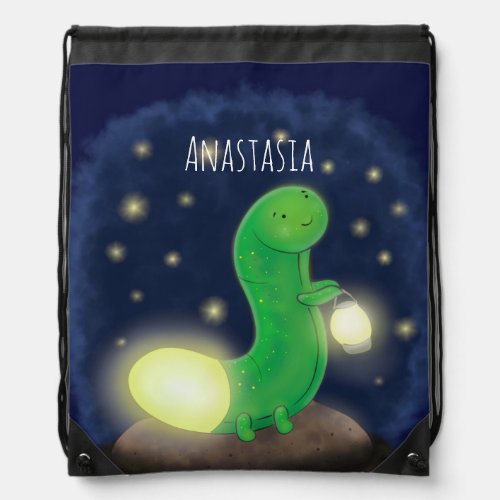 Cute green glow worm cartoon illustration drawstring bag