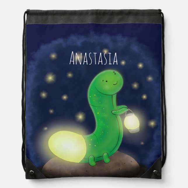 Cute green glow worm cartoon illustration drawstring bag (Front)