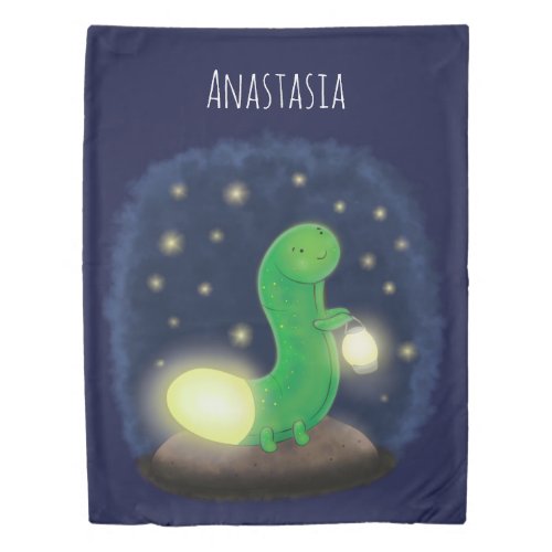 Cute green glow worm cartoon illustration duvet cover