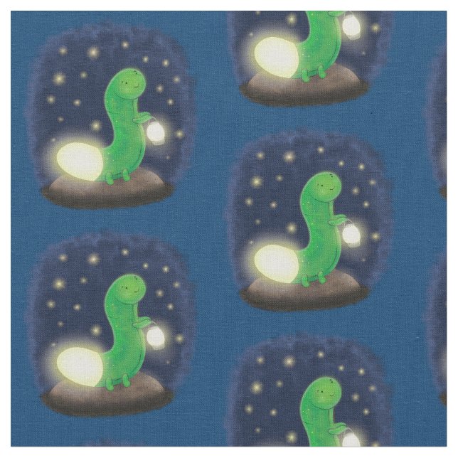 Cute green glow worm cartoon illustration fabric (Close Up)