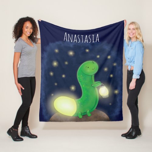 Cute green glow worm cartoon illustration fleece blanket