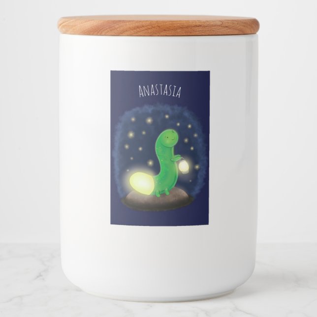 Cute green glow worm cartoon illustration food label (Front)