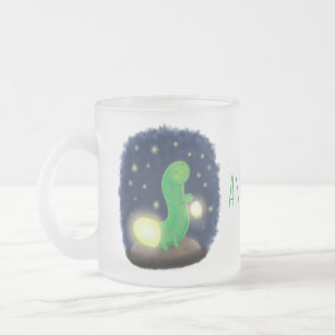 Cute green glow worm cartoon illustration frosted glass coffee mug