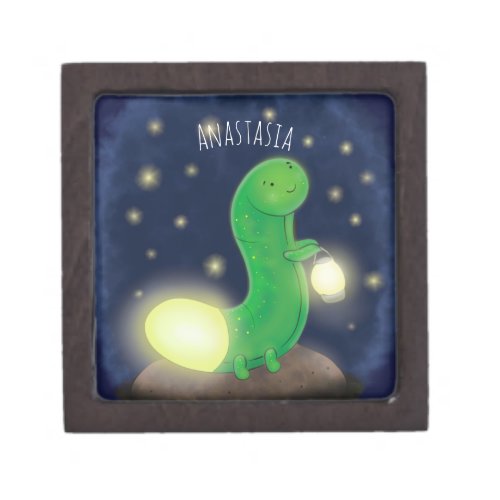 Cute green glow worm cartoon illustration gift box