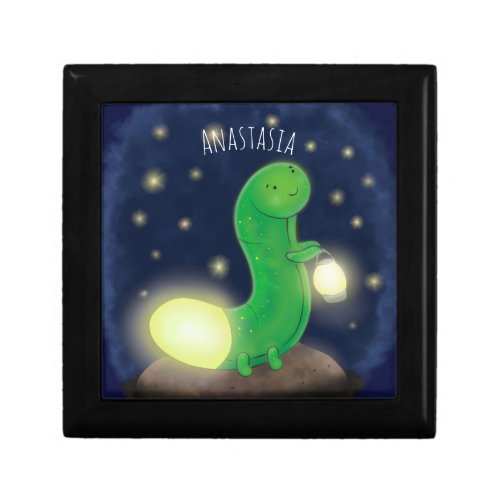 Cute green glow worm cartoon illustration gift box