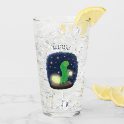 Cute green glow worm cartoon illustration glass