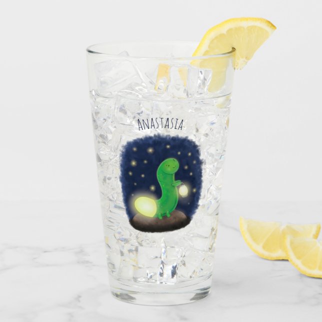 Cute green glow worm cartoon illustration glass (Back Ice)