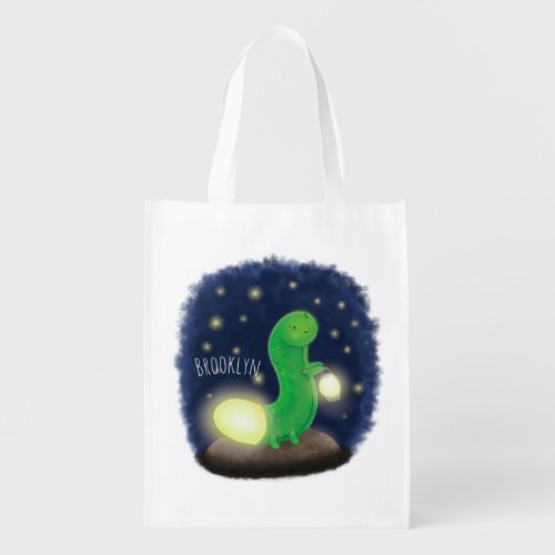 Cute green glow worm cartoon illustration grocery bag