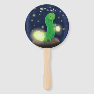 Cute green glow worm cartoon illustration hand fan
